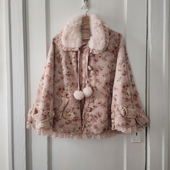 Jackets & Blazers - Y2K Gyaru Floral Pink Cape Jacket Detachable Faux Fur Collar and Pompoms